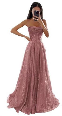 Générique Robe de Tulle à Paillettes étincelantes Robe de soirée Formelle à Bretelles Spaghetti Longue Robe de soirée en Ligne A pour Femmes Dusty Rose XS
