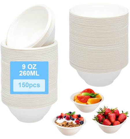 HENGBIRD 50 Pièces Vaisselle Jetable Bol 260ML Écologique Saladier Soupe Dessert Biodégradable Compostable en Sugarcane Bagasse Blanc