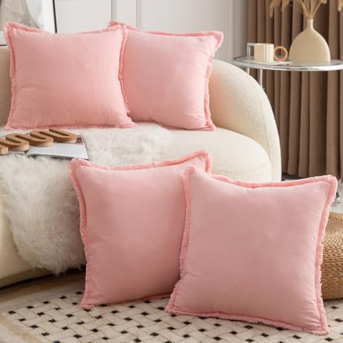 Mandioo 4er Set Neutralen Baumwolle Kissenbezug 40x40cm Herbst Quasten Dekorative Kissenbezüge Boho Sofakissen Dekokissen Kissenhülle für Couch Sofa Schlafzimmer Wohnzimmer Rosa