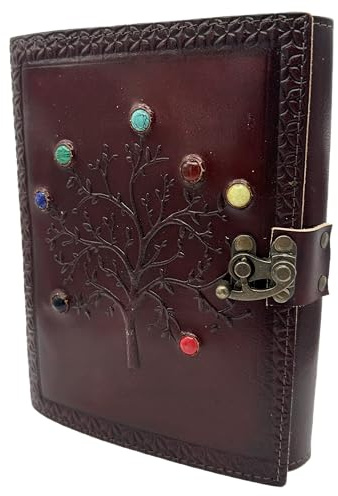 Handgjord lädergrimoire-journal – besvärjelsebok om skuggor för häxhantverk, wicca, häxdagbok och anteckningsbok – vintage tom dagbok för trollformler och ritualnoter, 17 x 12 cm (mörkbrunt träd med