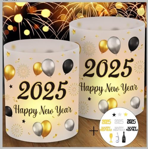 12 Windlichter Silvester Deko Tisch + 15g Konfetti Happy New Year Schwarz Gold, Silvester Tischdeko 2025, Silvester Party Zubehör für Silvester 2025