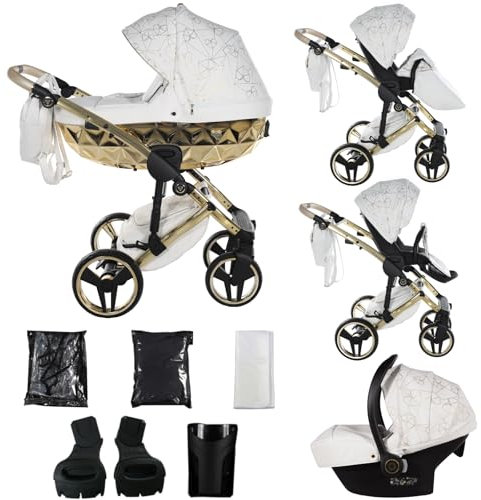 Junama Kinderwagen Diamond Heart 2in1 3in1 4in1 (01 - Weiß und Gold, 3in1 mit Autositz)