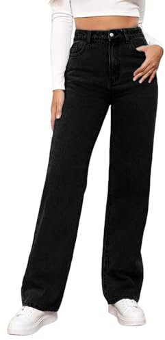 Générique Jean Noir Femme Taille Haute Coupe Droite Straight Jeans Baggy Jambes Larges amincissantes avec Tous Les Pantalon Automne Hiver Elastique Classique en Denim Jean Coupe Boyfriend
