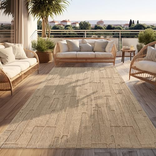 Paco Home Outdoor Rug Weatherproof Balcony Hallway Living Room Boho Design Abstract Pattern Geometric 3D Effect Modern Deco Beige, Size:240x340 cm