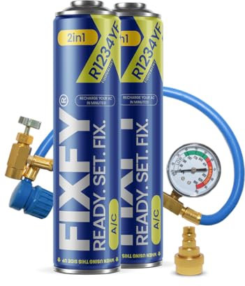 FIXFY Kit 2 en 1 : tuyau avec manomètre + adaptateur + 2 réfrigérants de rechange R1234YF avec huile – Pour véhicules à partir de 2017 – Remplissez vous-même la climatisation