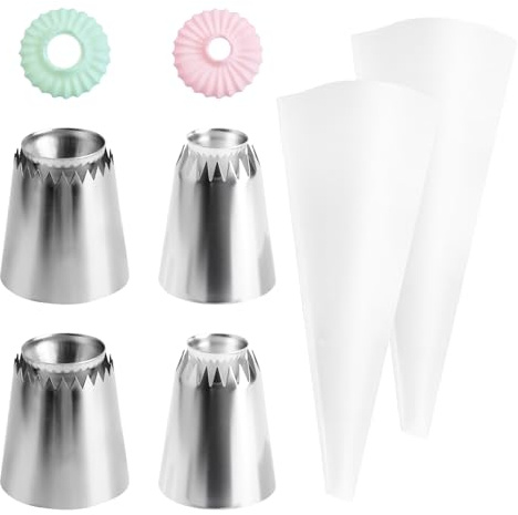 APOMOON 4 Stück Spritztüllen Set mit 2 Spritzbeutel, Spritztüllen Groß Edelstahl Tüllen für Spritzbeutel, Große und Kleine Rund Spritzdüsen für Kuchen Kekse Cupcakes