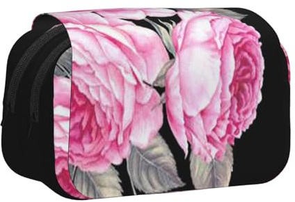 ESNAIUVCD Trousse à stylos double couche avec imprimé fleurs roses, convient pour les garçons, les filles et les adultes, cette trousse de bureau avec compartiment, Noir , Taille unique, Trousse de