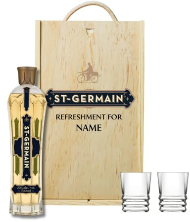 Personalised St-Germain Elderflower Liqueur Gift Set with Shot Glasses – Alcohol Present for Men or Women – 70cl Bottle (20% ABV) in Engraved Wooden Keepsake Box – Liqueur Gift for Him or Her