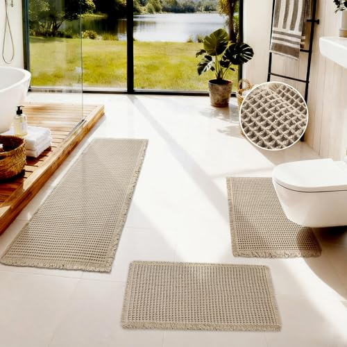 Wusboo Mikrofaser Badematte rutschfest, Badezimmerteppich Set 3 Teilig, Boho Badteppich für Badezimmer Wohnzimmer Schlafzimmer, 1 Stück 50x121cm + 2 Stück 43x61cm, Khaki