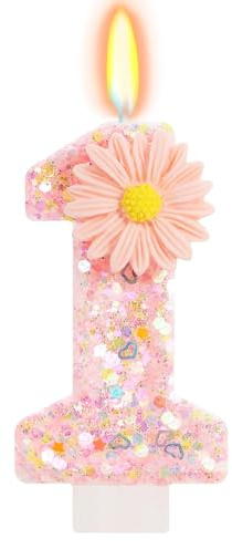 Candela Numero 1 Rosa Glitterata con Margherita,Candela 1 Anno Bimba Rosa Oro per Torta,Candelina 1° Compleanno con Vassoio,Candela Numerica e Topper Torta Decorazioni Festa Ragazze,Regalo Primo Anno
