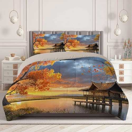 Bettdecke 200X200 Cm 4 Jahreszeiten, Holzhaus Ahornbaum Landschaft Wende Steppdecke, Super Weiche Zudecke Ganzjahresdecke, Sonnenuntergang Realistischer Stil Bettdecke Mit 2 Kissenbezug 80X80Cm,Orange