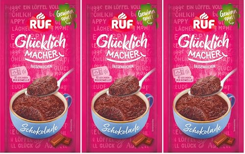 RUF Glücklichmacher Tassenkuchen Schokolade, saftiger Mikrowellenkuchen in 90 Sekunden, einfach mit Milch anrühren & genießen, schneller Kuchengenuss für zwischendurch, 1 Portion (Packung mit 3)