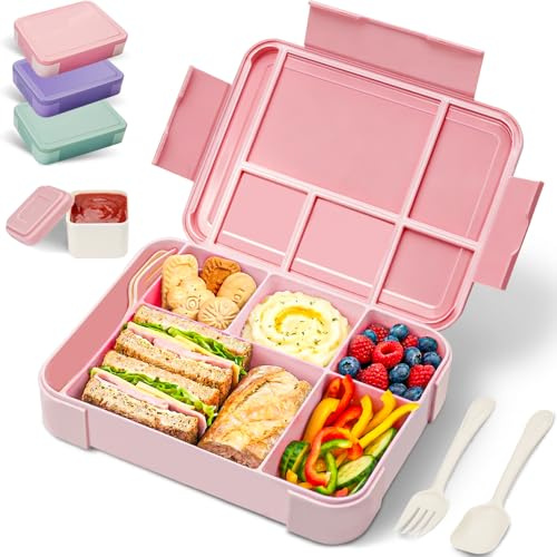 BIBURY Lunch Box Kids Adults, Leakproof Bento Box Lunchbox with 5 Compartments & Sauce Pot & Cutlery, BPA Free, Microwave Dishwasher Safe Snack Box Sandwich Box for School Boys Girls, 1.3L (Pink)