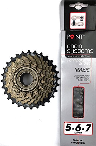 Point Set 21 Gang Kette und Schraubkranz 7-fach, Legierter Stahl, Schwarz, 1050 kg Zugkraft, 116 Glieder, SHIMANO kompatibel