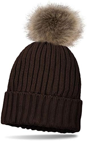 styleBREAKER Cappello in Maglia per Bambini con Pompon, Motivo a Coste e Fodera in Fleece Termico, Berretto Invernale con Pompon in Pelliccia Sintetica 04024031, Colore:Marrone Scuro