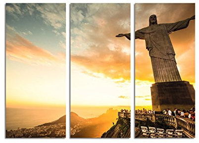 Paul Sinus Art 130x90cm – KUNSTDRUCK Rio de Janeiro Christo Sonnenuntergang 3teiliges Wandbild auf Leinwand und Keilrahmen - Fotobild Kunstdruck Artprint
