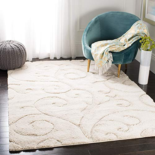 SAFAVIEH Florida Shag Collection Area Rug - 5'3 x 7'6, Cream & Cream, Scroll Design, Non-Shedding & Easy to Clean, High-Low Plush Pile, Ideal for Living Room, Bedroom, Dining Space (SG455-1111)