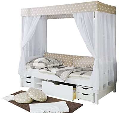 Himmelbett Marlies Massivholz Kiefer inkl.Tüll-Set Braun Weiß