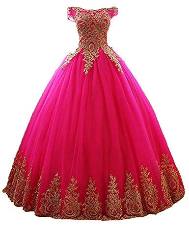 Stillluxury Quc14 - Vestido de fiesta de quinceañera de tul con apliques dorados, vestidos de princesa de graduación, Fucsia C, 42