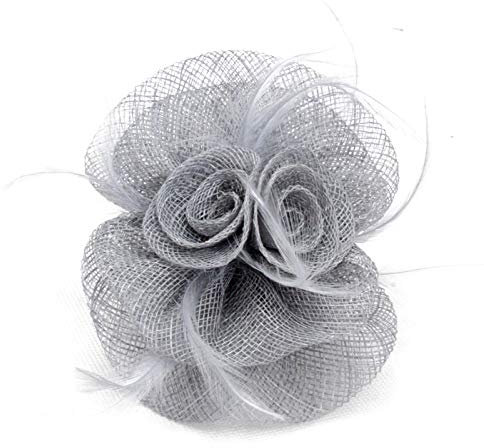 Pince Broche Mariage Double Fleur Plumes Gris