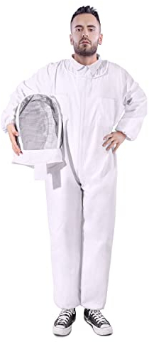 Flexzion Ganzkörper-Imkeranzug, Imkerbekleidung Overall Jacke Outfit Ausrüstung Bienenhaltungszubehör mit schützender, selbsttragender, runder Schleierhaube für Imkerei (XLL)