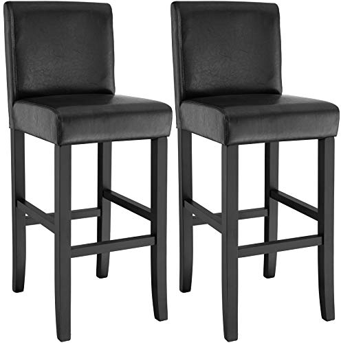 tectake® 2er Set Barhocker, Bistrohocker, Tresenhocker, Barhocker mit Lehne, gepolsterter Barstuhl, Bistrostuhl mit Fußstütze, Holz und Kunstleder, Stuhlbeine aus Massivholz, 107 cm hoch - schwarz