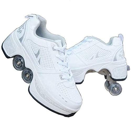 duvetset Roller Skates Damen Inline Skates Mädchen,Roller Skates Verstellbar Sneakers 2-in-1 Mehrzweck-Schuhe Unisexe Skates,Weißes-EU38