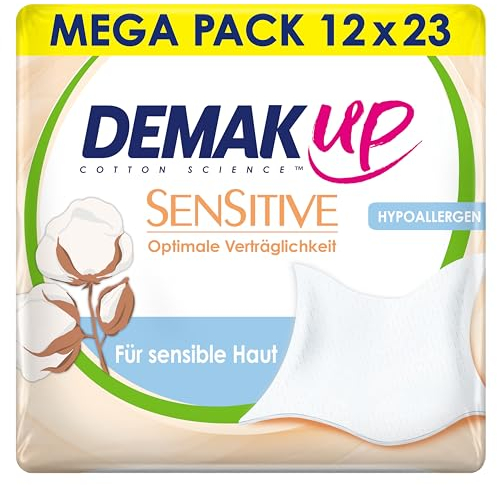 Demak'Up Sensitive Reinigungstücher, milde Abschminktücher zur effektiven und hautschonende Make-up-Entfernung & Reinigung, hypoallergen, parfümfrei, alkoholfrei (12 Packungen x 23 Tücher)