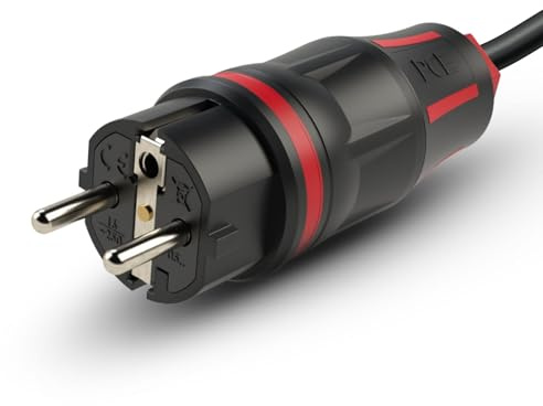 PCE Schutzkontaktstecker TopTaurus2 - IP54 Stecker 16A 250V - Rot-Schwarz | Spritzwassergeschützt für Außenbereich, gummiert mit Zugentlastung, CEE 7/7 Hybridstecker Typ E/F, 0,75-2,5 mm²