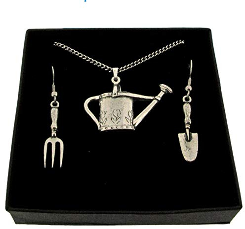 Smartbadge® Watering Can Pendant & Fork & Trowel Earrings Handmade In Pewter Boxed Gift Set+ 59mm Button Badge