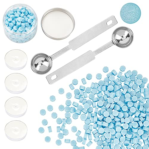 craspire 300PCS Wachssiegelperlen Kit Hellblau, Siegelwachsperlen-Set Im Behälter Verpackt, 2PCS Wachsschmelzlöffel Und 4PCS Kerzen Für Wachssiegelstempel, Briefumschläge Versiegeln, Einladungen