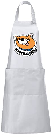 Elbenwald Schürze mit großem Shiba Inu Motiv und 2 Eingrifftaschen für Manga und Anime Fans weiß