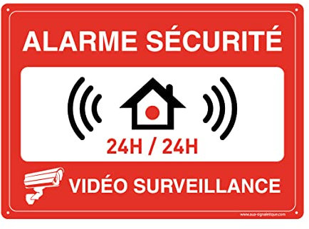 AUA SIGNALETIQUE - Panneau Prépercé (4 Trous) avec Angles arrondis - PVC Rigide 1.5 mm - (210 x 150 mm, Alarme 24h/24h sous Vidéo)