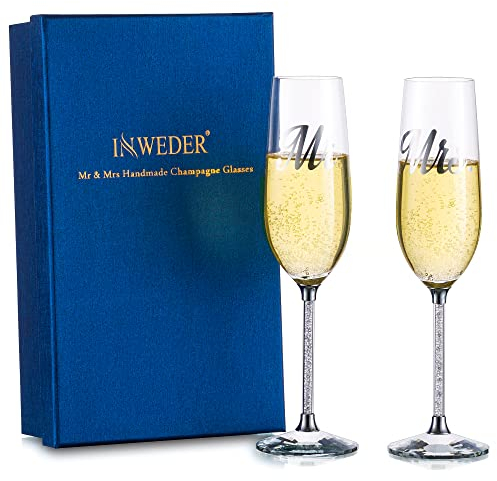 Inweder Verres Flûte Champagne Cristal - Lot de 2 Coupe Champagne Argent Personnalisés avec Coffret Cadeau Mr&Mrs Verre a Vin Coffret Cadeau pour Mariage Anniversaire Fiançailles Mariée Marié