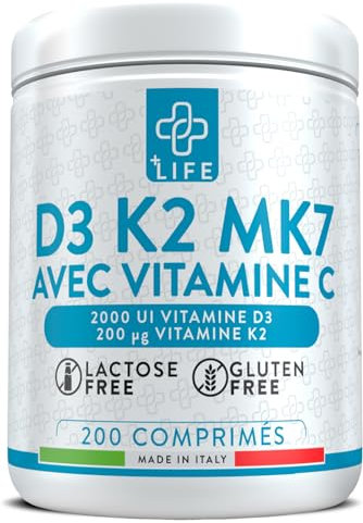 Vitamine D3 K2 Mk7 Avec C 200 Comprimés PiùLife, Vitamine D 2000 UI, 200mcg K2, 125mg Vit C, Vitamines Pour Les Os Dents, Immunité Adulte, Boost Energie