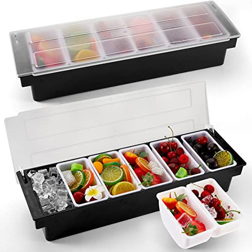 Ice Cooled Condiment Serving Container 2 Pcs Chilled Garnish Tray 6 Compartments Condiment Caddy Bar Condiment Tray with Lid Black Condiment Holder Fruit Condiment Dispenser for Food Restaurant Table