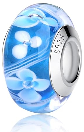 Nbsameng Charm en Cristal de Murano, Colgante para Pulsera y Cadena para Mujer, Flor Charms de Plata 925%,Azul