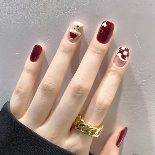 Brishow Weihnachten Nägel zum Aufkleben Schnee Press on Nails mit Elch Rot Künstliche Nägel Kurze Falsche Nägel Fake Nails 24 Stück für Frauen und Mädchen (e)