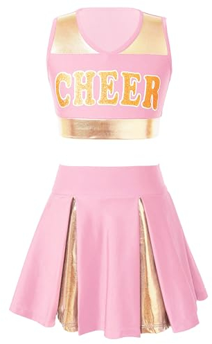 MSemis Cheer leader Kostüm Kinder Mädchen Cheerleading Uniform Cheerleadingkleid/Ärmellos Crop Top mit Minirock Halloween Tanzkostüm B-1 Hell-Pink 146-152