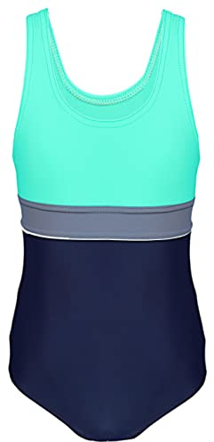 Aquarti Maillot de Bain Fille – Maillot de Bain Une Pièce pour Fille avec Dos Nageur, 025 Bleu Foncé/Gris/Vert, 164