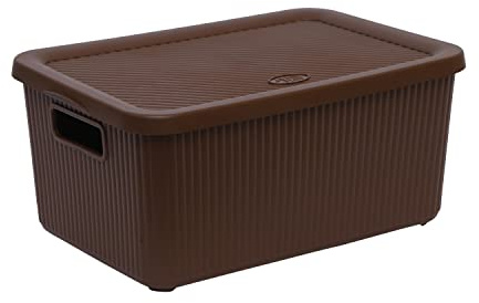 M1SS 7L Litre Large Storage Box with Lid And Handle Rib Box Stackable BPA Free Virgin Plastic Boxes For Home and Office Use. (28cm x 20cm x 14cm) (Brown)