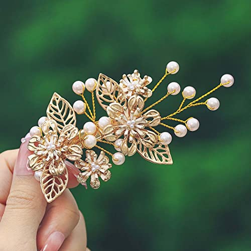 IYOU Haarspange für die Braut, Hochzeit, goldfarbene Blume, Haarspange, Haarteil, Perlen, Brautschmuck, Haarkamm, Abschlussball, Braut, Brautjungfer, Haarschmuck für Frauen