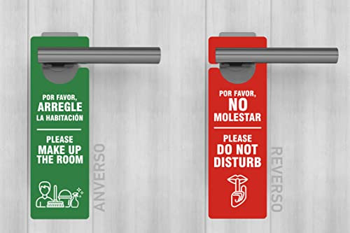 Oedim Pack 12 Carteles para Puertas con Texto Por Favor no Molestar y Por Favor Arregle la Habitación por Ambos Lados, 10x25cm, Colgador en color Rojo y Verde, Modelo Rectangular abierto