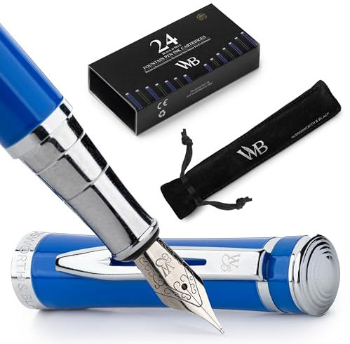 Wordsworth & Black Füllfederhalter-set, Mittlere Feder, Inklusive 24 Tintenpatronen, Tintennachfüllkonverter Und Geschenkbeutel, Chrom-finish, Kalligrafie, [Imperial Blue], Perfekt Für Männer Frauen