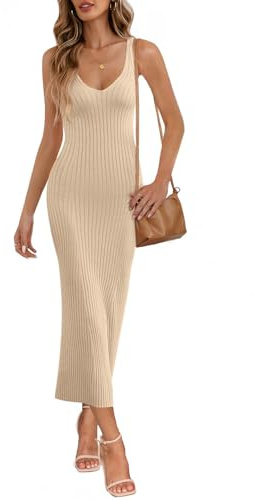 MEROKEETY Midi-Kleider für Damen für Sommer und Frühling, figurbetonte Strandkleider, lässige, ärmellose Strickkleider mit V-Ausschnitt und Rippstrick
