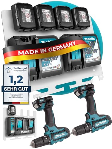 Adlerfokus Wandhalterung für Makita Akkus & Ladegeräte [Made in Germany] Akkuhalter mit Premium Montagematerial - Ladegerät - Akku Wandhalterung für Ordnung & System, Weiß