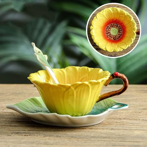 Kreative 3D handbemalte Fusang Blume Sonnenblume Clivia Emaille Farbe Keramik Kaffee Tee Set Nachmittagstee Tasse Teller