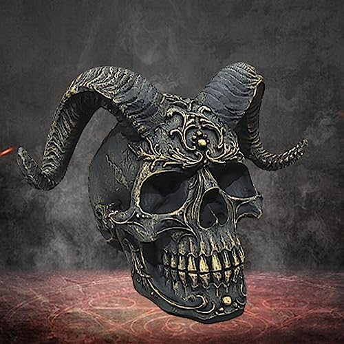 Tuzsocr 14 cm Dämonenschädel-Figur, schwarzer Höllenschädel, Schreibtisch-Totenkopf-Ornament, kreative Totenkopf-Skulptur, Harz-Schädelkopf-Modell, Halloween-Totenkopf-Ornament,