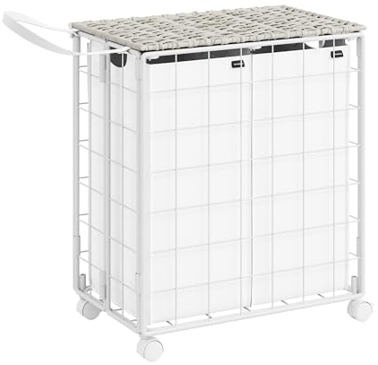 SONGMICS Wäschekorb 2 Fächer, 110 L, faltbarer Wäschesammler mit Rollen, Wäschebox, Wäschewagen mit Deckel, Wäschesack herausnehmbar, 57 x 33 x 65 cm, wolkenweiß LCB211W01