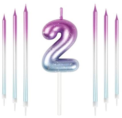 mciskin Purple Blue 2nd Birthday Candles, Colorful Long & Number 2 Candle for Cake,Girls Boys 2nd Birthday Decorations,Purple Blue Cake Toppers Perfect for Wedding & Party Decorations Supplies